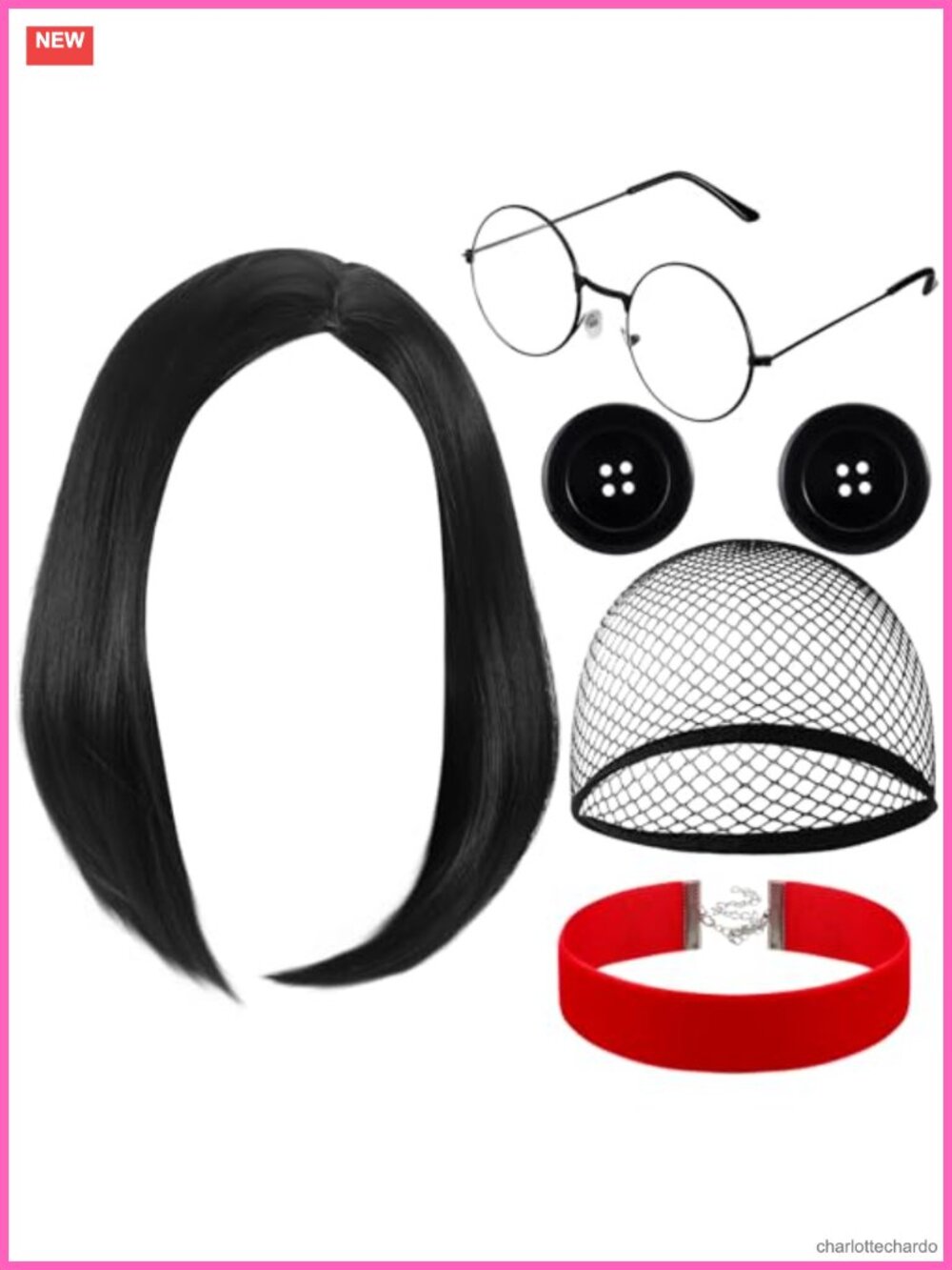 5 Pc Halloween Costume Accessory Set Button Eye Glasses Wig Red Collar